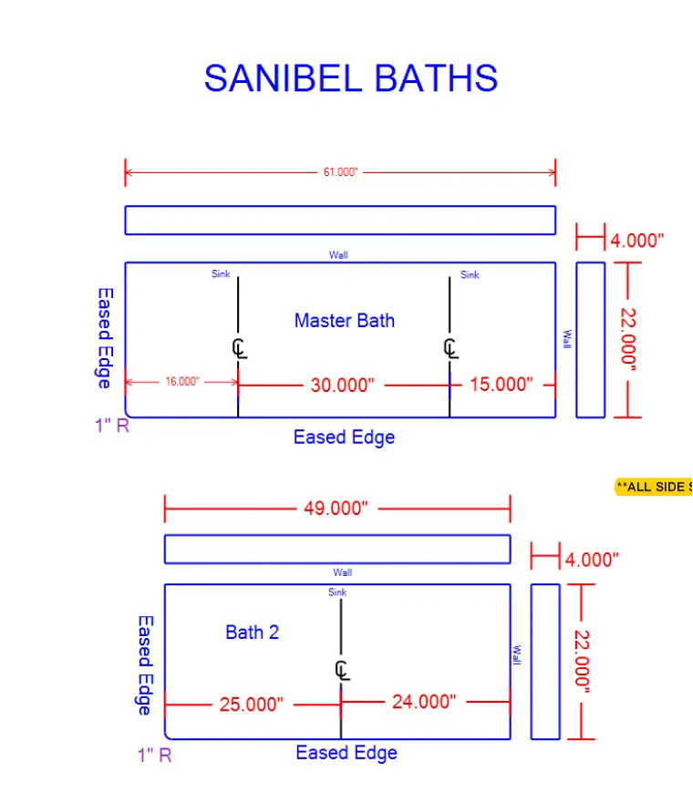 CAD Drawing for Sanibel Baths with dimensions